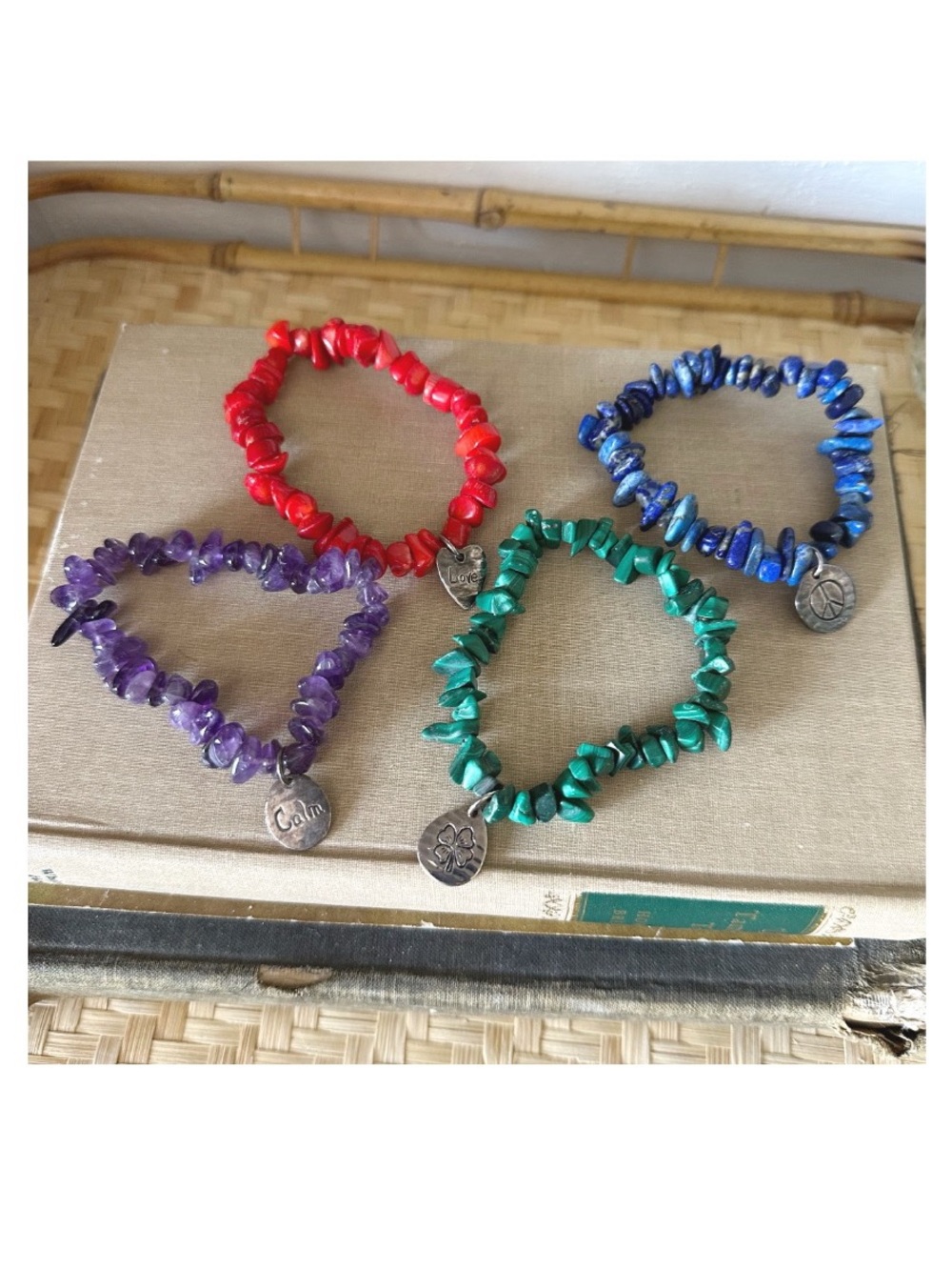 Set of 4 Natural Gemstone chip beaded bracelets, with motivational charms